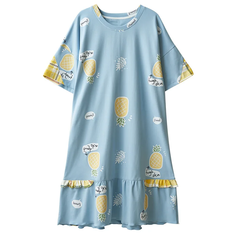 

BZEL Blue Women's Nightgowns Fashion Spring Summer Nightdress Cute Cartoon Femme Homewear Plus Size Pijamas Cotton Pyjama M-XXXL
