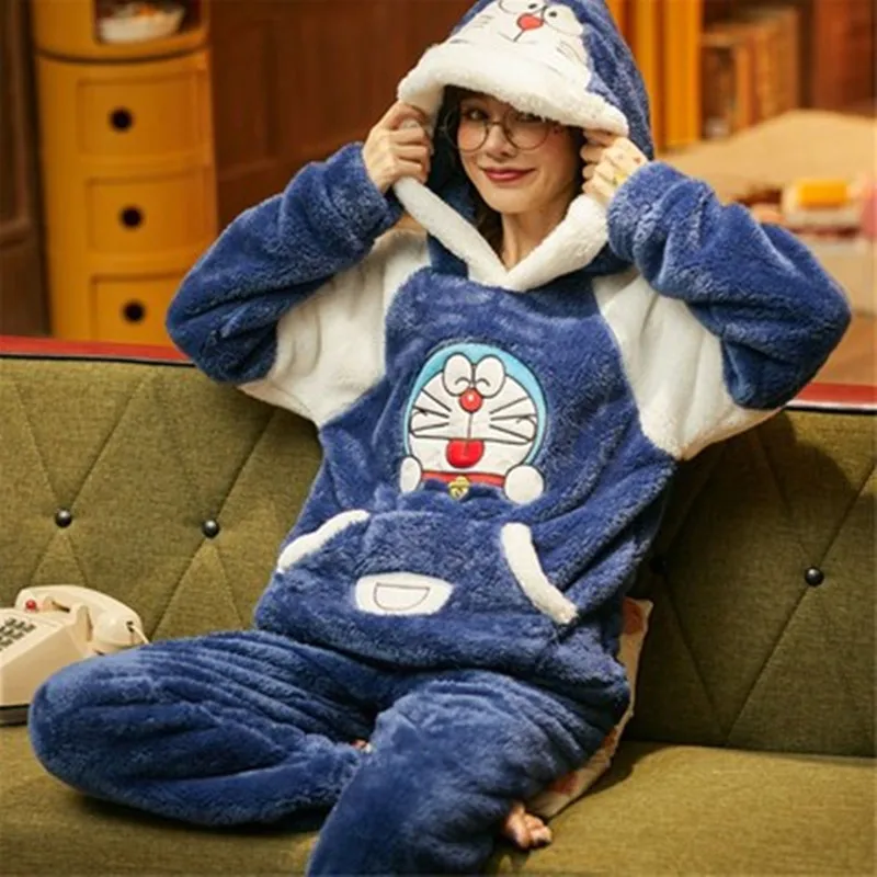 

Winter Women Pyjamas Sets pajamas Sleepwear Suit Thick Warm Coral Flannel nightgown Female Cartoon Animals plus size S- 6XL