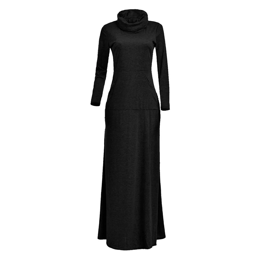 Женское теплое платье с карманом повседневное однотонное винтажное Макси-платье