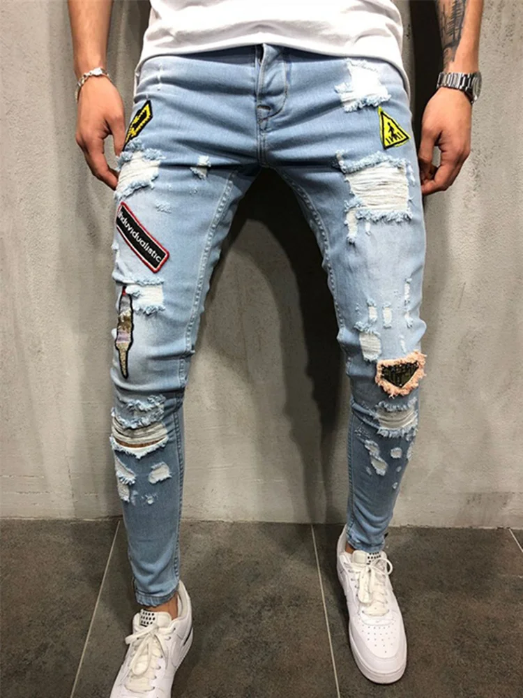 

Сезон лето-осень мужские джинсы модные рваные штаны с аппликацией в виде дизайн в стиле «хип-хоп» Стиль брюки пикантные отверстие джинсы му...