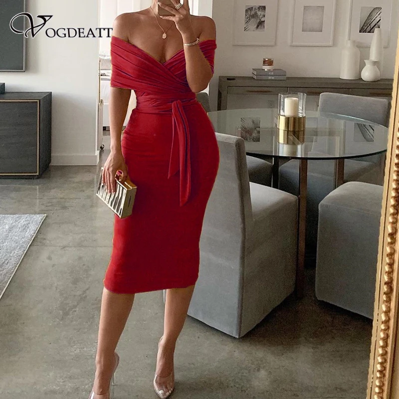 Сексуальное однотонное красное платье бодикон с открытыми плечами Бандажное 2019