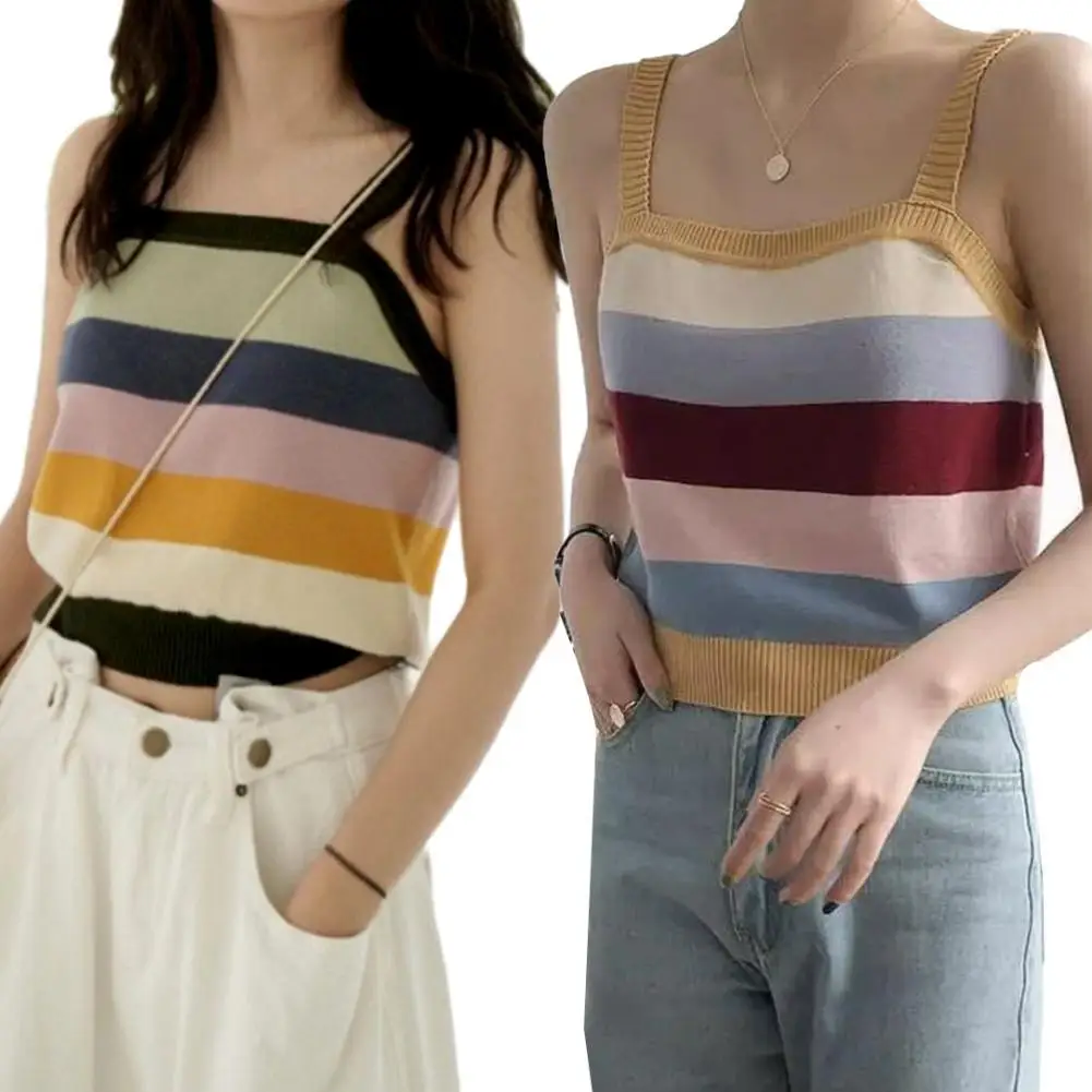 

HOT SALES!!! Women Rainbow Stripe Square Neck Sleeveless Knit Strappy Vest Top Casual Blouse