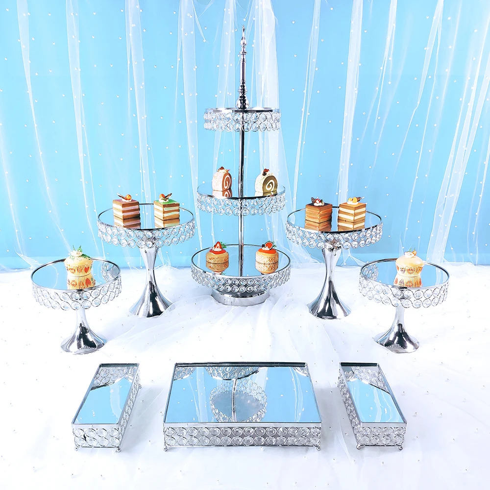 Soporte de cristal dorado y plateado de 8 piezas para pasteles, soporte de magdalenas con espejo de metal, base de postre decorada, bandeja de exhibici&oacute;n para fiesta de boda-1