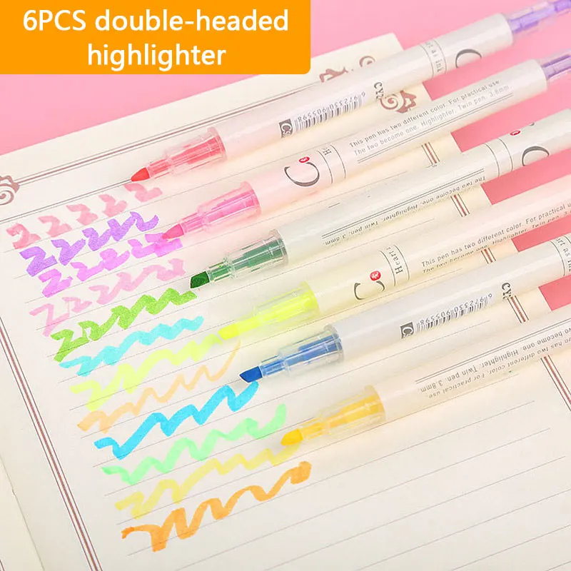 

6PCS/Set creative candy color double-headed highlighter round and oblique head watercolor markers stationery school supplies