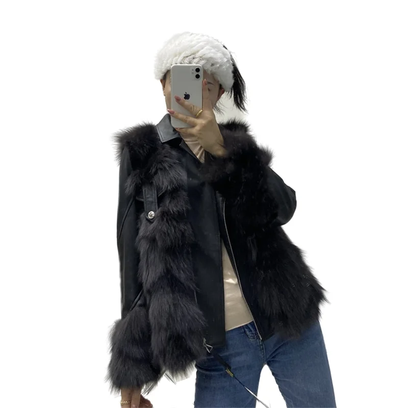 

Real Fur Coat Winter Jacket Women Natural Fox Fur Genuine Leather Outerwear Detachable Streetwear