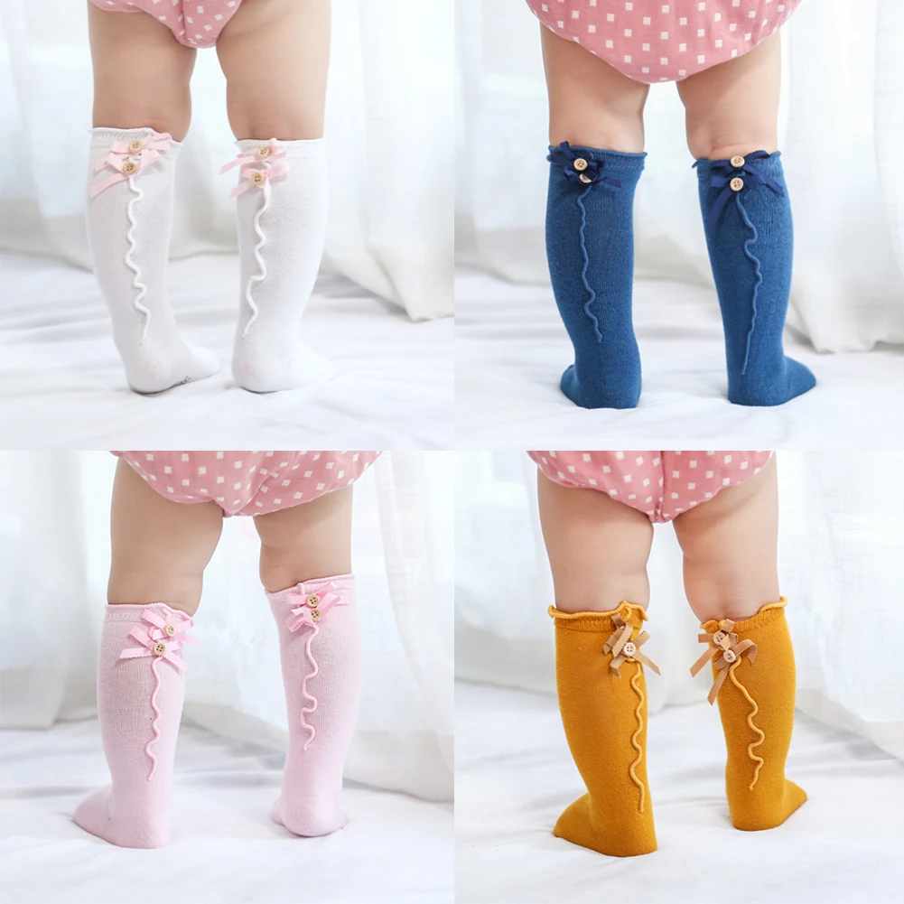 Милые носки до колен из мягкого хлопка с бантом и пуговицами для маленьких