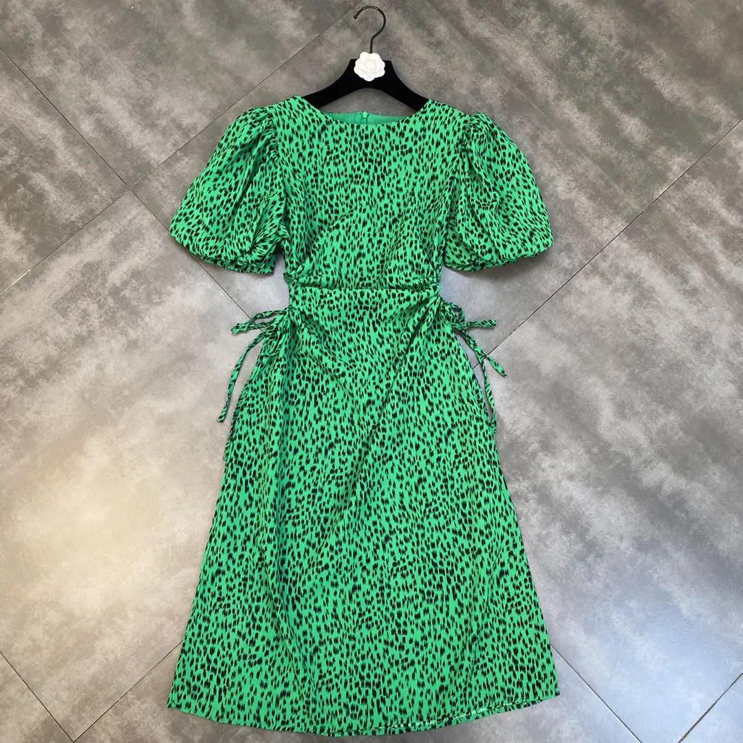 

Платье ZCSMLL женское с круглым вырезом и пышными рукавами, тонкое стильное ажурное платье с кулиской и леопардовым принтом, в стиле Ins, лето 2021