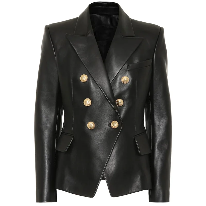 Office Lady Genuine Leather Coat High Quality Black Sheepskin Leather Jacket Double Breasted Long Sleeves Winter Overcoats Short