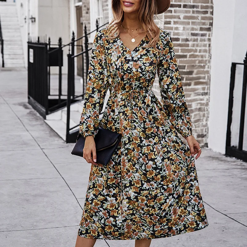 

Autumn Winter Dresses For Women 2021 Elegant Party Club Evening Sexy Floral Print Holiday Midi Dress Sukienka Dropshipping