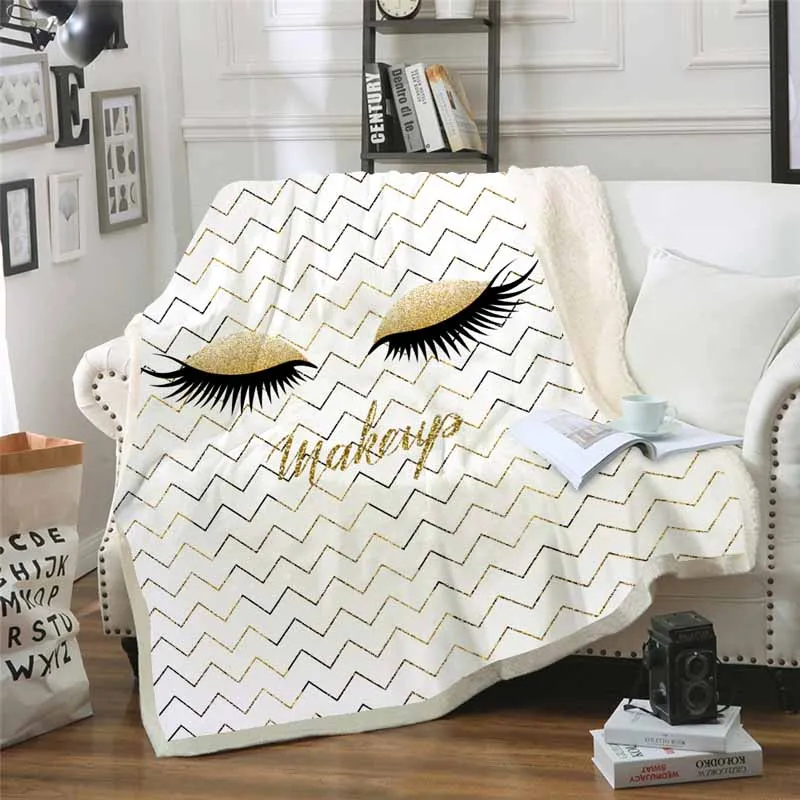 Плюшевое одеяло с розовыми и золотыми ресницами в виде единорога для кровати