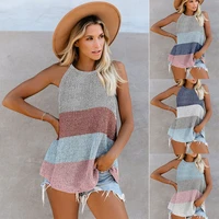 women summer sleeveless casual loose knitted halter round neck color matching tops female pullover striped streetwear
