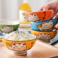 1pcs ceramic high bowl japanese colorful lucky cat soup bowl underglaze dinnerware household kitchen supplies children tableware