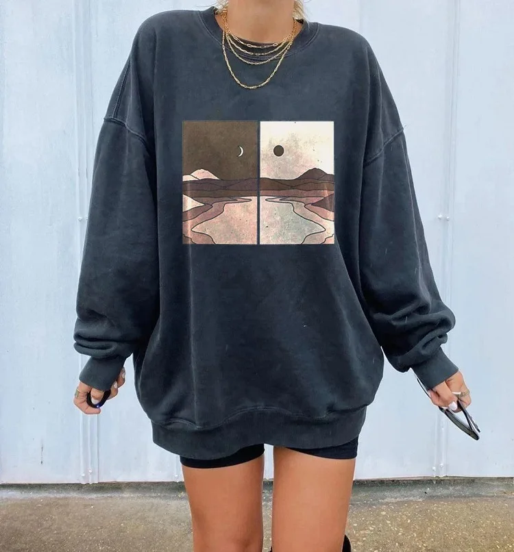 

Women Loose Oversized Hoodies Lady Plus Size Fall 2020 Streetwear Hip Hop Moon Sun Pattern Printed Dark Blue Vintage Sweatshirt