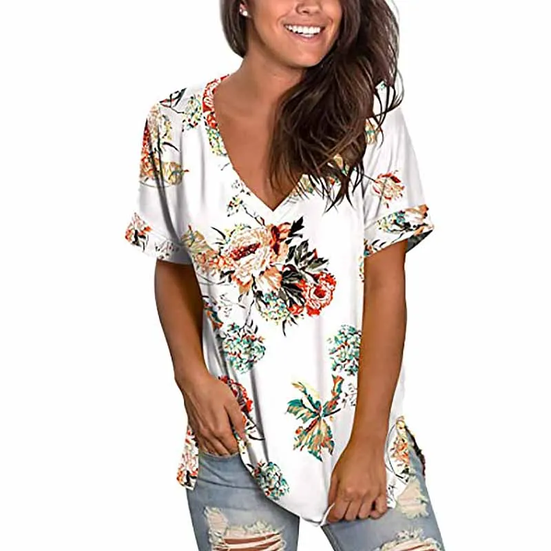 

Summer Women's Fashion V-neck Short Sleeve Tops Casual Floral Print Pullover Summer Loose Plus Size Ladies Loose T-shirt