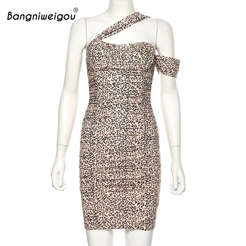 

Bangniweigou Sexy Leopard Club Dress Irregular Straps Ruched Bandage Party Dress Elegant Women Night Out Bodycon Sheath