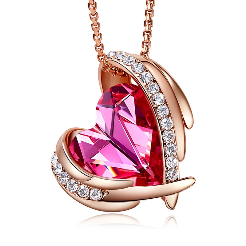 

COCOM Romantic Angel Wings Love Heart Pendant Necklace for Women Girl Pink Austrian Crystal Valentines Day Jewelry Collares Gift