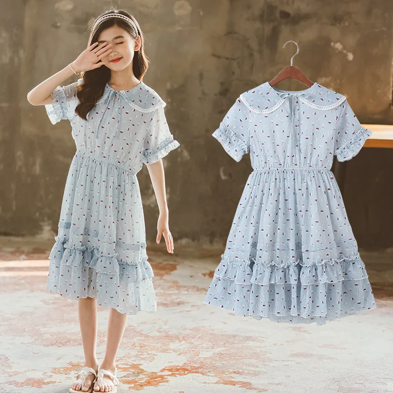 

2021 Girls Dress Summer Kids Dresses for Girl Children Floral Print Princess Costume Girl Clothes 4 6 8 10 12 14 Years
