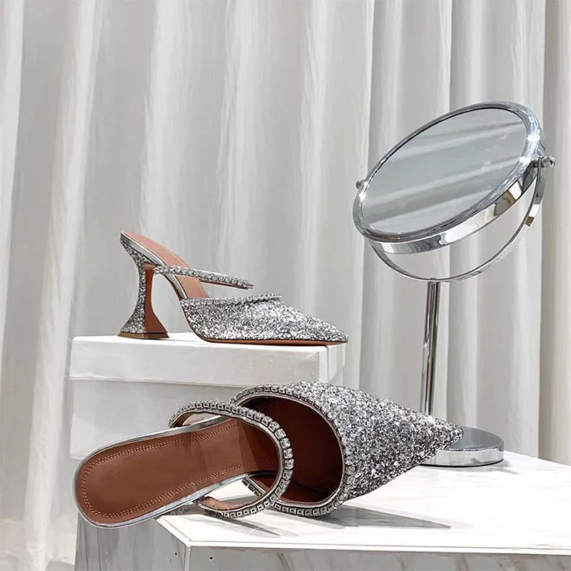 Обувь на высоком каблуке со стразами Женские тапочки мюли Chaussures Femme Летние