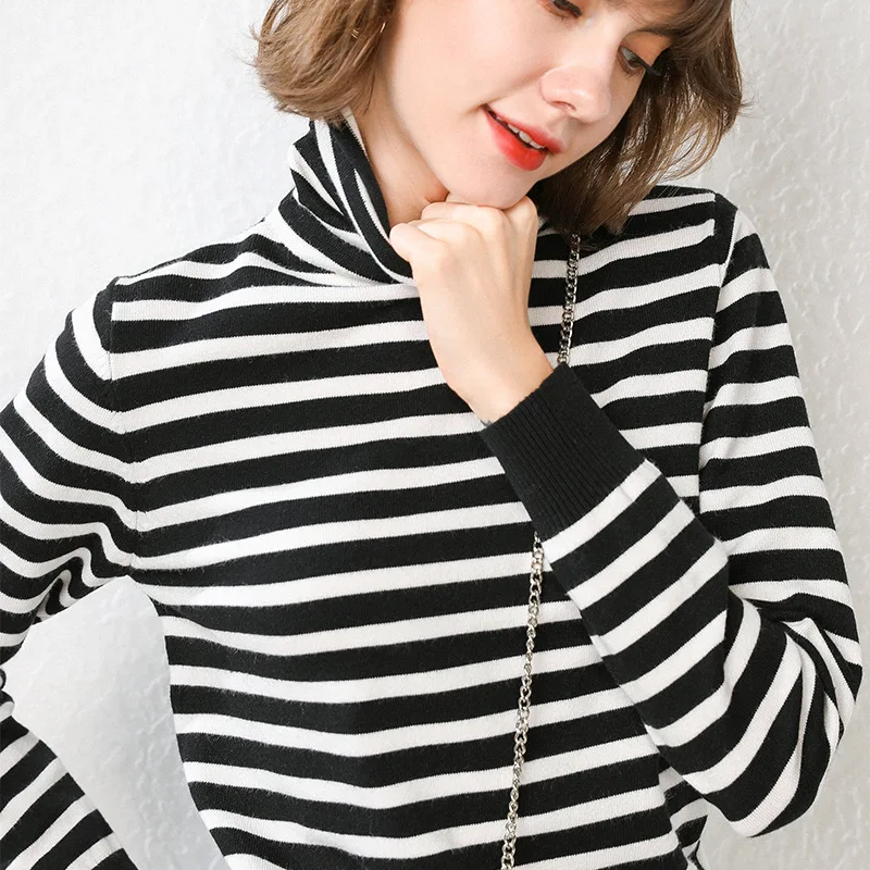 Женский полосатый свитер с высоким воротником повседневный вязаный пуловер