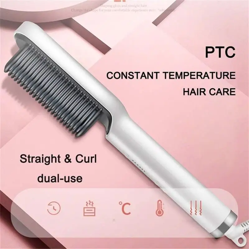 

Professional Electric Hair Straightener and Curler 2 in 1 Hair Straightener Brush Curling Iron with Adjustable 5 Temp Settings