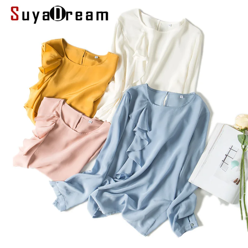 

SuyaDream White Silk Blouses Woman 100%Silk Crepe Long Sleeves O Neck Solid Ruffles Blouse Shirt Spring Autumn Shirt
