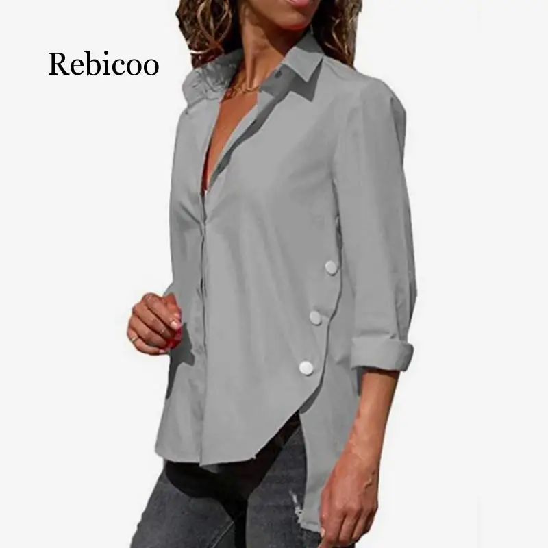 

2019 explosion models autumn sexy fashion solid color before and after irregular single-breasted long-sleeved female chiffon shi