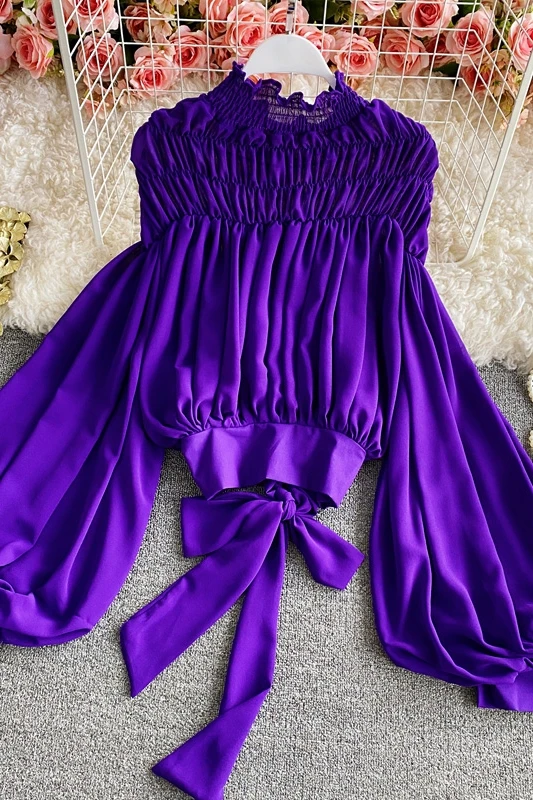 

Vintage Elegant Chiffon Shirt Women French Lantern Sleeve Stand Collar Bow Pleated Slim Waist Crop Top Female Blusas Summer New