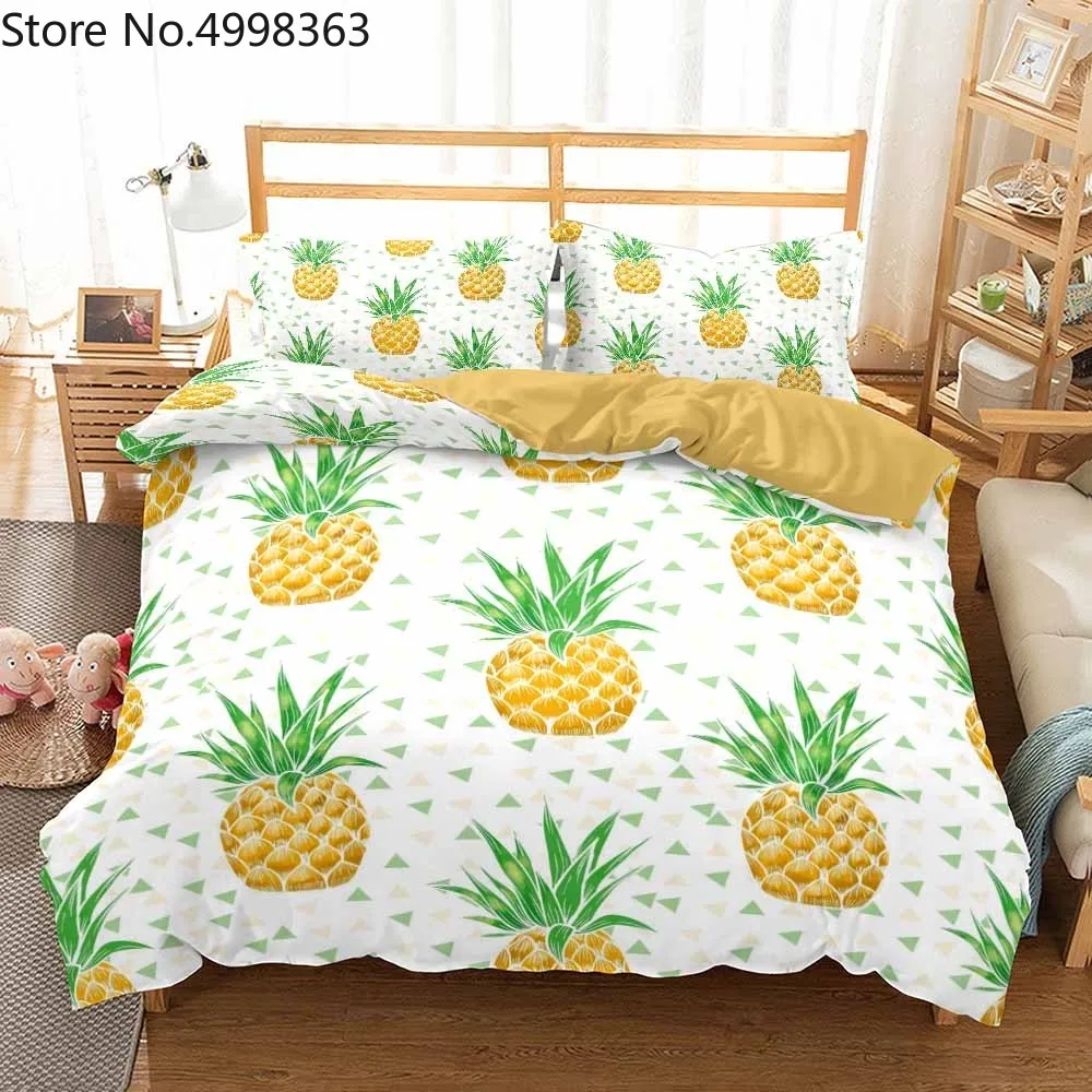 Летний комплект постельного белья с фруктами золотисто-зеленые ананасы