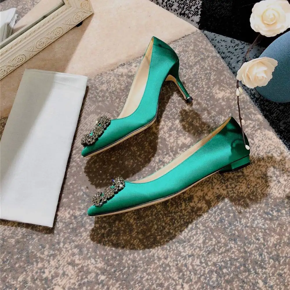 Green 7cm heels Junetxin/женские туфли-лодочки со стразами; элегантные пикантные женские туфли на высоком каблуке; женская обувь с острым носком; женские туфли-лодочки из экстремальной кожи - Цвет: Green 7cm heels
