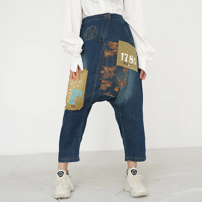 

[EAM] Pattern Printed Denim Leisure Harem Jeans New High Waist Loose Women Trousers Fashion Tide Spring Autumn 2021 1DC29805