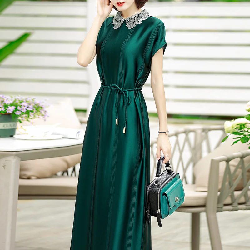 Dress Summer 2021 Women Quality Material Satin Dress Delicate Brand Dress Large Size Solid Embroidery Lapel Dress With Belt 5XL