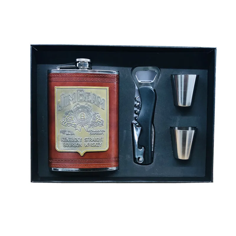 jim set Не содержит Бисфенол А 9oz полностью черный, произведенный на одной винокурне бутылка флакон Pu Обёрточная бумага 304 спирта из нержавеющей стали Воронка плоская фляжка с открывалка для бутылок, подарок, набор в коробке - Цвет: jim set