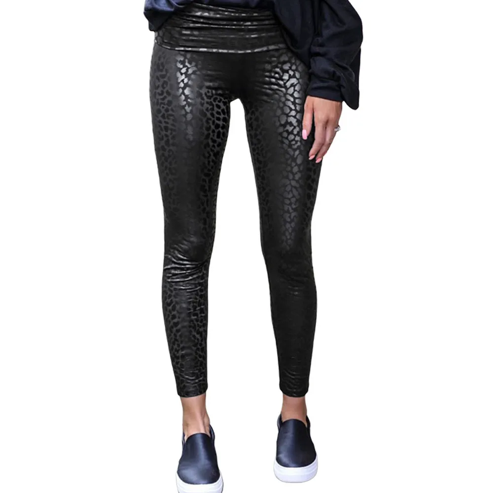 SEBOWEL High Waist Leggings for Women Spring Autumn Feminine Sexy Leopard Textured Stretch Faux Leather Skinny Leggings
