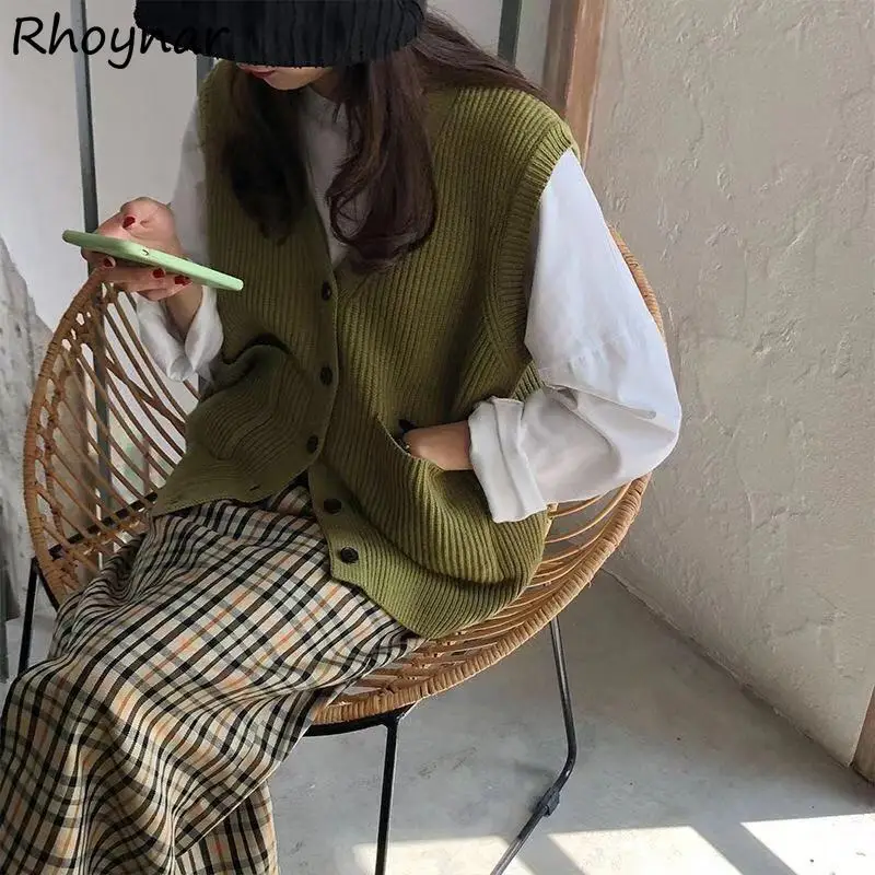 

Sweater Vest Women Spring Student Simple Solid Single Breasted Casual Ulzzang All-match Pockets Daily Chic Soft Clothing New Fit