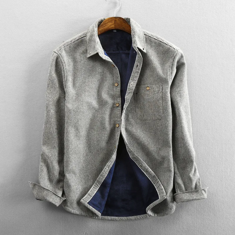 

ICPANS Fleece Winter Flannel Shirt Men Warm Vintage Striped Long Sleeve Shirts Mens Clothing Plus Size XXXL