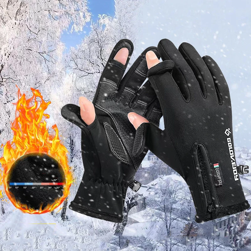 

Winter Fishing Gloves Two Fingers Flip Windproof Zipper Non-slip Gloves Waterproof Mittens Men Women Warm Skiing Cycling Gloves