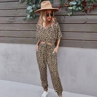 2021 women summer leopard print floral set o neck puff sleeve short topshigh waist pleated wide leg long pants two pieces suits