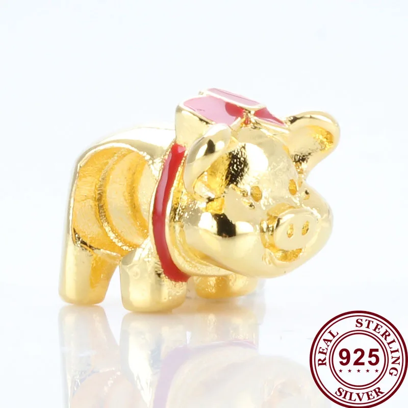 

Original 925 Sterling Silver Bead Golden Zodiac Pig Red Bow Beads Fit Pandora Women Bracelet & Necklace Diy Jewelry