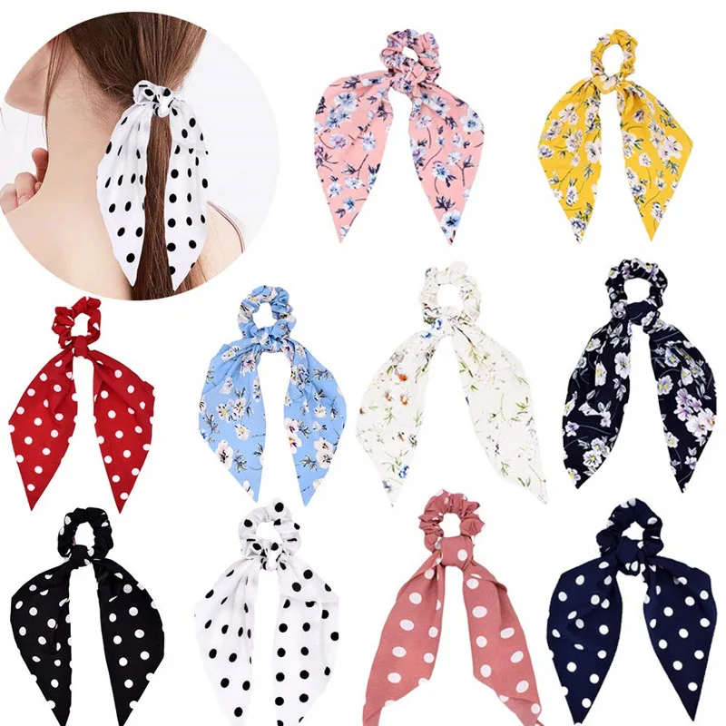 New Fashion Sweet Scrunchie Women Ribbon Elastic Hair Bands Print Dots Bow Scarf Hair Rubber Ropes Girls Hair Accessories
