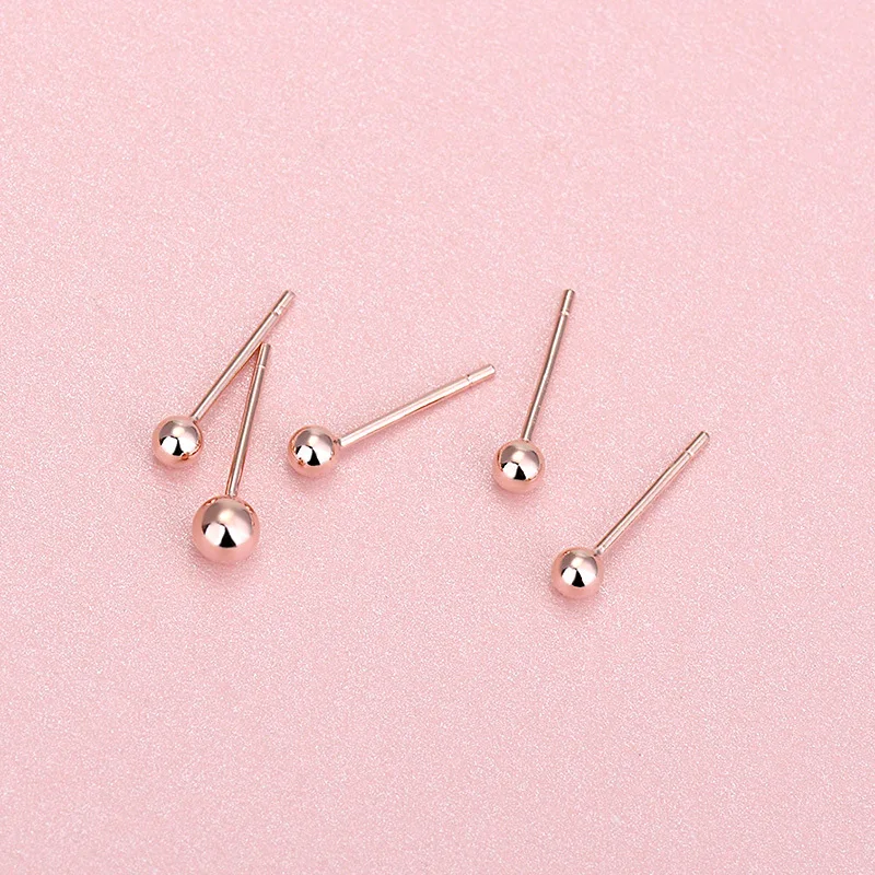 2Pairs 3/4mm S925 Sterling Silver Color Earrings Smooth Beads Hypoallergenic Female Earrings Jewelry