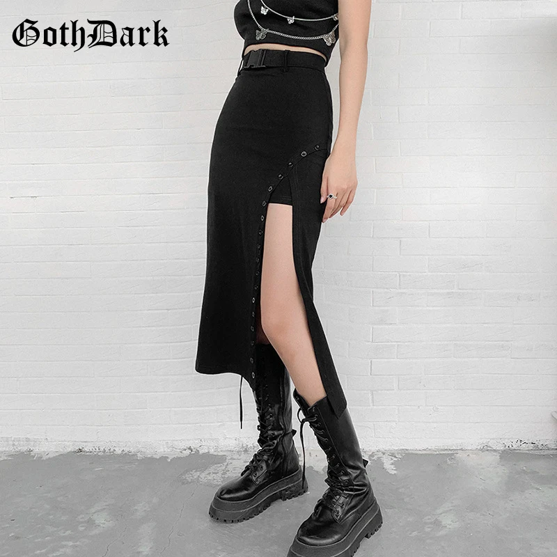 Goth Dark Gothic High Waist A-Line Black Midi Skirts Mall Goth Y2k Punk Style Women Sexy Slit Side Buckle Front Skirt Clubwear