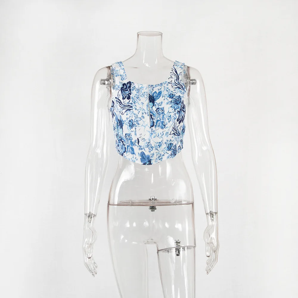 Женский топ со скрытым рядом пуговиц Летний жилет без рукавов с фарфоровым