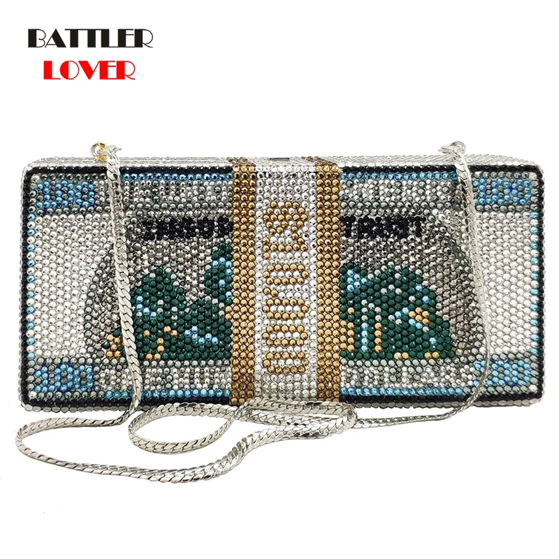 

Stack of Cash Rich $100 Dollars Money Bag Women Crystal Box Clutch Wedding Evening Bags Female Dinner Party Purses and Handbags