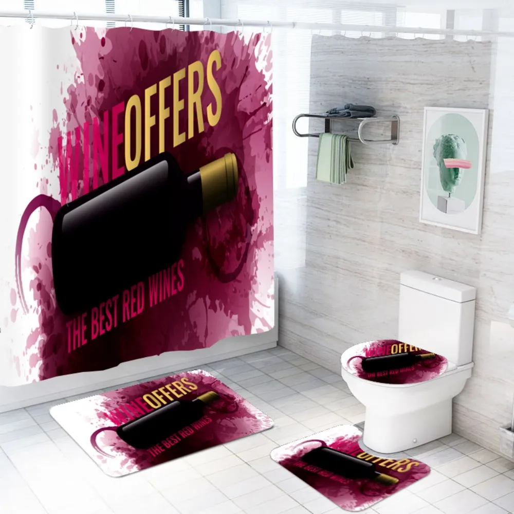 4 шт. наборы 3D печать красное вино занавесок для ванной коврики туалета покрытие