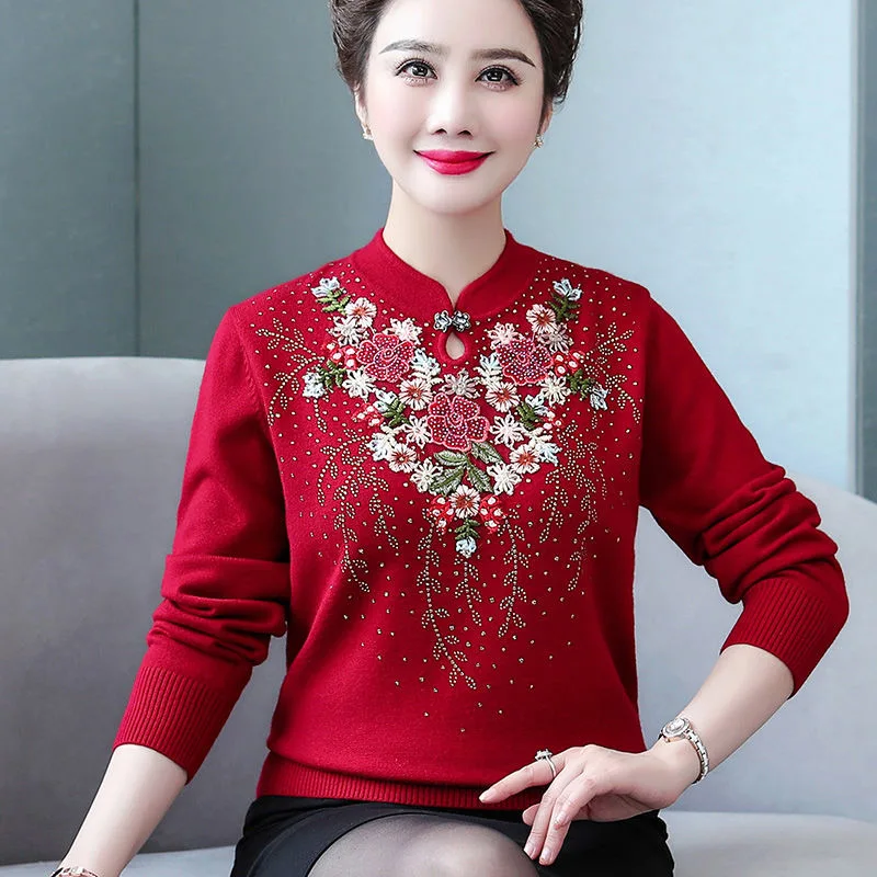 

High Quality Middle-aged Women New autumn embroidered Knit sweater Pullover Female Temperament mother Casual Wool Sweater R507
