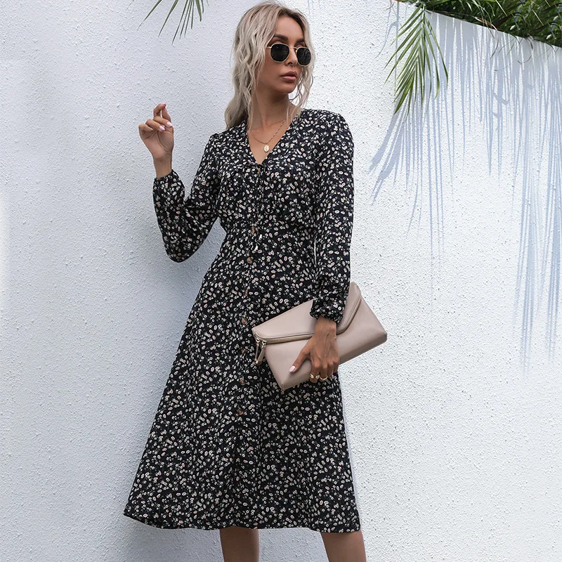 

Amazon cross border 2021 spring new European and American black Pullover French V-neck lace up dress