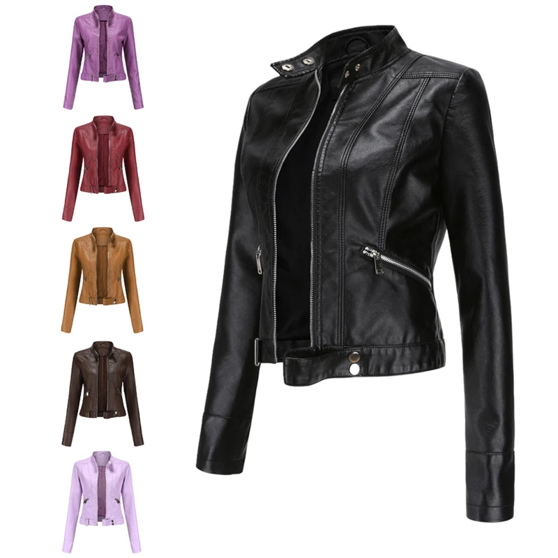 

Women Faux Leather Jacket Ladies Solid With Belt Zipper Biker Coat Female Casual Pu Leather Jackets Spring Autumn Outwear 2021