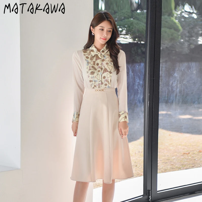 Matakawa Skirt Suits Korean Fashion Vintage Elegant Print Patchwork Shirts + High Waist Slim Swing Faldas Largas Women Sets |