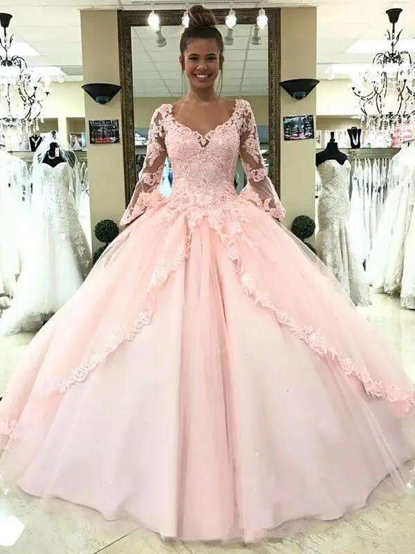 

Розовое Кружевное платье Quinceanera, бальное платье 15 лет, кружевной корсет, иллюзионное Тюлевое платье с длинным рукавом, официальное сексуальное платье принцессы для выпускного вечера