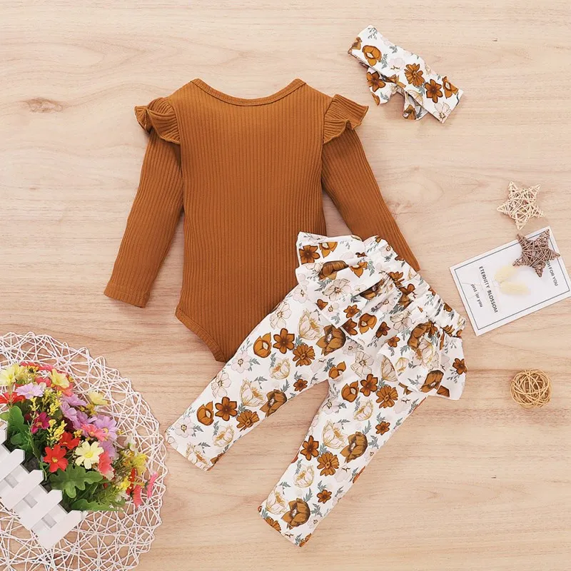 

Newborn Infant Clothing Baby Girl Clothes Set Autumn Ruffle Long Sleeve Tops Flower Pants Headband 3Pcs